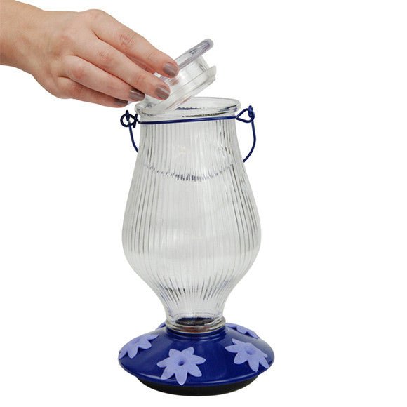 Perky-Pet Grand Oasis Top-Fill Glass Hummingbird Feeder 38 oz being filled through the wide-mouth opening for easy and mess-free filling.