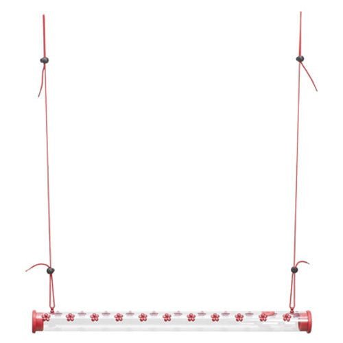 Perky-Pet Hummerbar Hummingbird Feeder with 22 ports and a 2-foot plastic tube filled with nectar, featuring horizontal-hanging design.