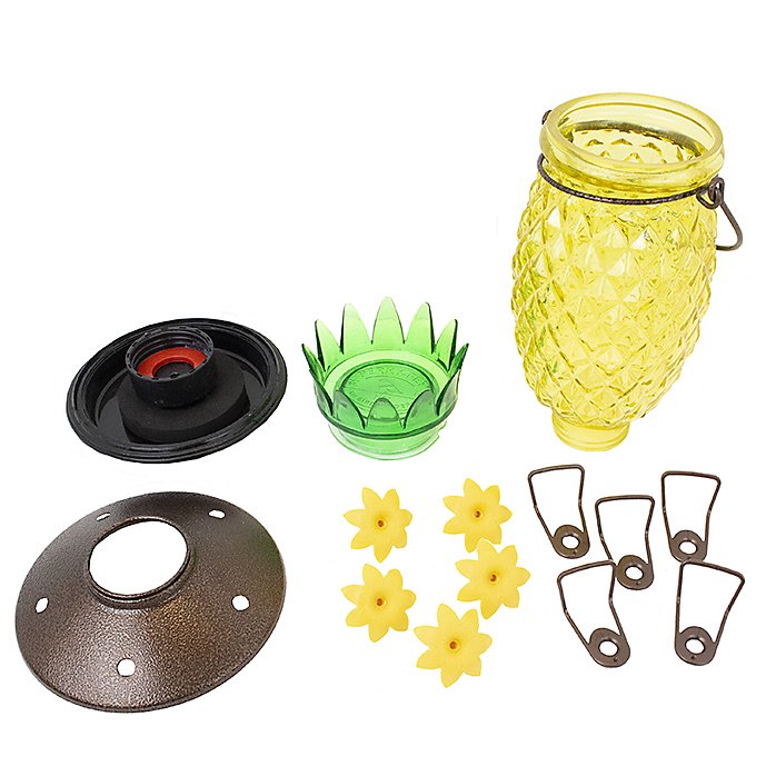 Perky-Pet Pineapple Top-Fill Hummingbird Feeder components including glass pineapple, flower feeding ports, and assembly pieces.