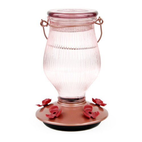 Perky-Pet Rose Gold Top-Fill Glass Hummingbird Feeder with wide-mouth opening, 24 oz capacity, and easy-to-clean design