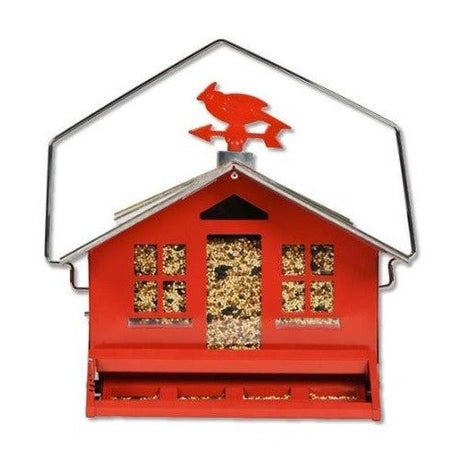Perky Pet Squirrel Be Gone II Country Style Bird Feeder with red accents, cardinal weathervane, and galvanized roof
