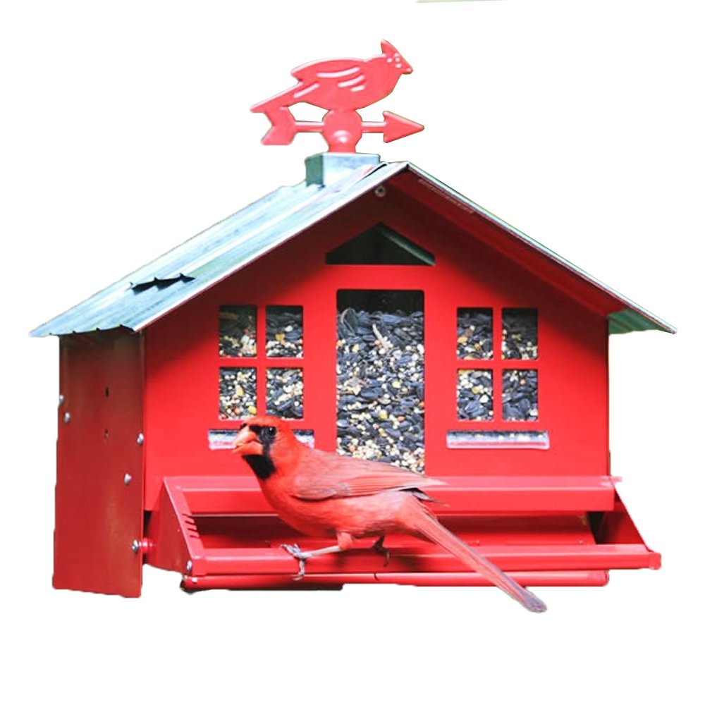 Red Perky Pet Squirrel Be Gone II bird feeder with cardinal weathervane and galvanized roof, squirrel-proof and easy-to-fill.