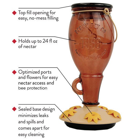 Perky-Pet Sugar Maple Top-Fill Glass Hummingbird Feeder with 24 oz capacity, easy top-fill opening, optimized ports, and sealed base design.
