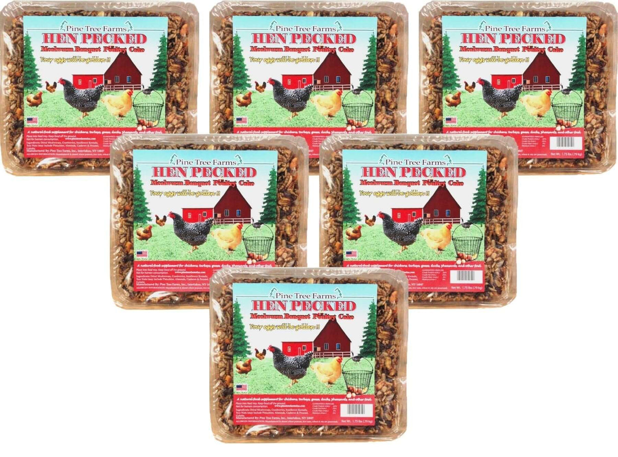 Pine Tree Farms Hen Pecked Mealworm Poultry Cake 1.75 lbs in 6 packs, a nutritious treat for various poultry.