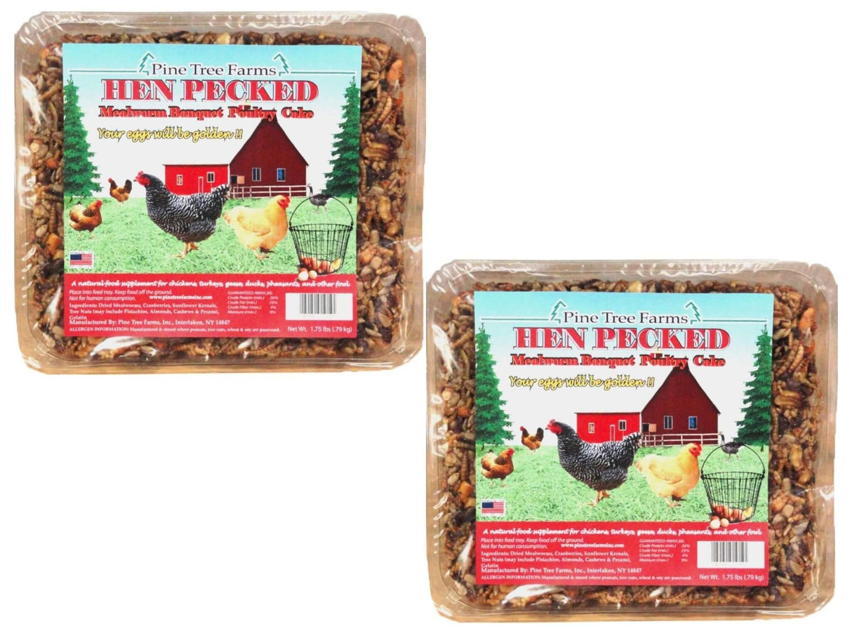 Pine Tree Farms Hen Pecked Mealworm Poultry Cake packaging with chickens in a farm setting, great for fowl nutrition.
