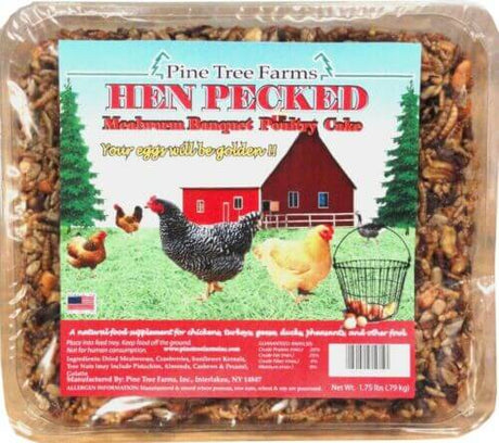 Pine Tree Farms Hen Pecked Mealworm Poultry Cake 1.75 lbs, natural food for chickens, turkeys, and other fowl.
