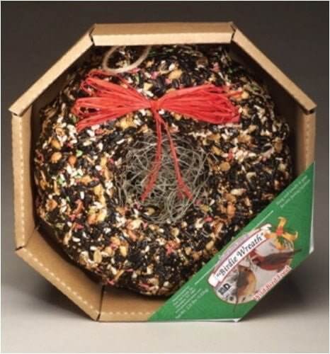 Pine Tree Farms Holiday Birdie Seed Wreath in box, made with black oil sunflower, peanuts, colored safflower, and red millet, 2.25 lb
