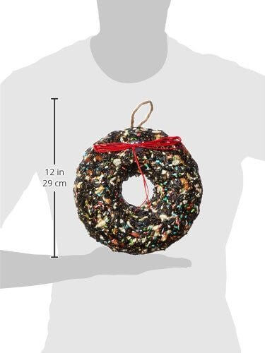 Pine Tree Farms Holiday Birdie Seed Wreath, 2.25 lb, with sunflower seeds, peanuts, safflower, and millet, shown held for size comparison.