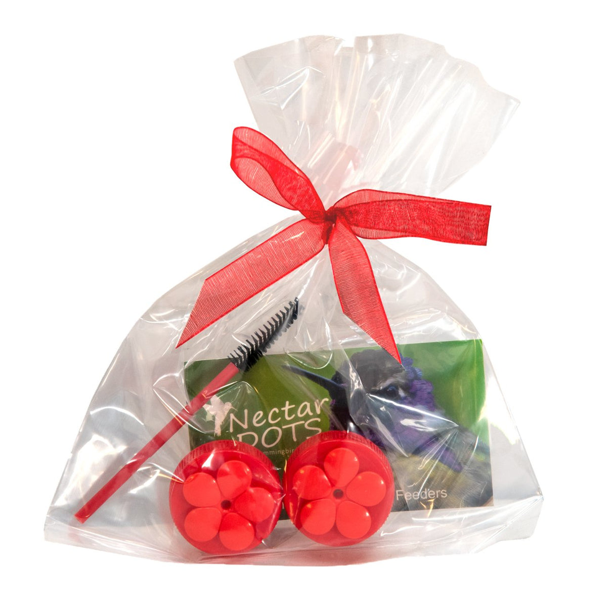 Red Nectar Dots Hummingbird Feeder Kit with handheld feeders, cleaning brush, and instructions in a gift bag with red ribbon