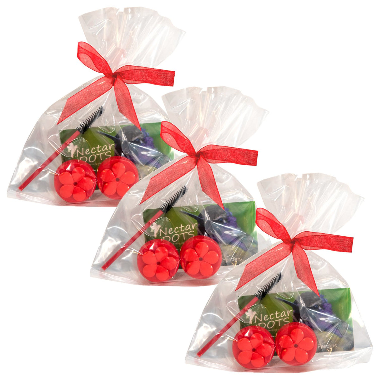 Three Red Nectar Dots Hummingbird Feeder Kits in gift bags with cleaning brushes and instructions, perfect for bird lovers and nature enthusiasts