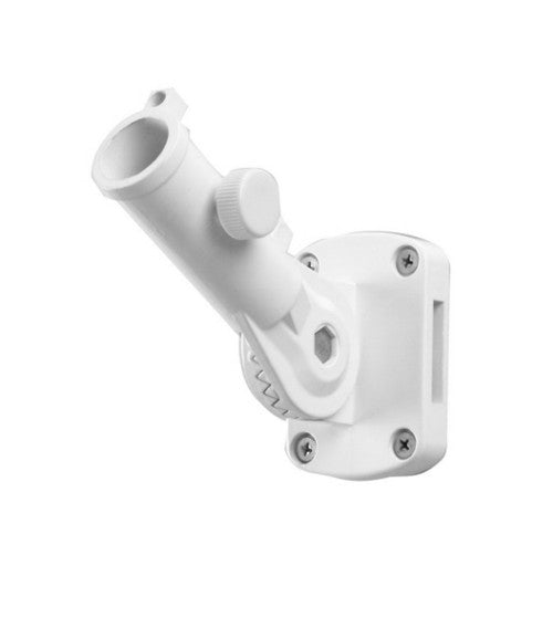 Adjustable aluminum flag pole bracket with powder coated finish and mounting screws suitable for outdoor durability.