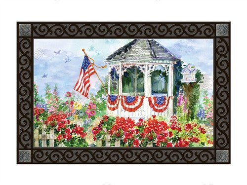 All-American MatMate doormat featuring a patriotic gazebo and flowers with American flag decorations, great for outdoor decor and showing patriotism.
