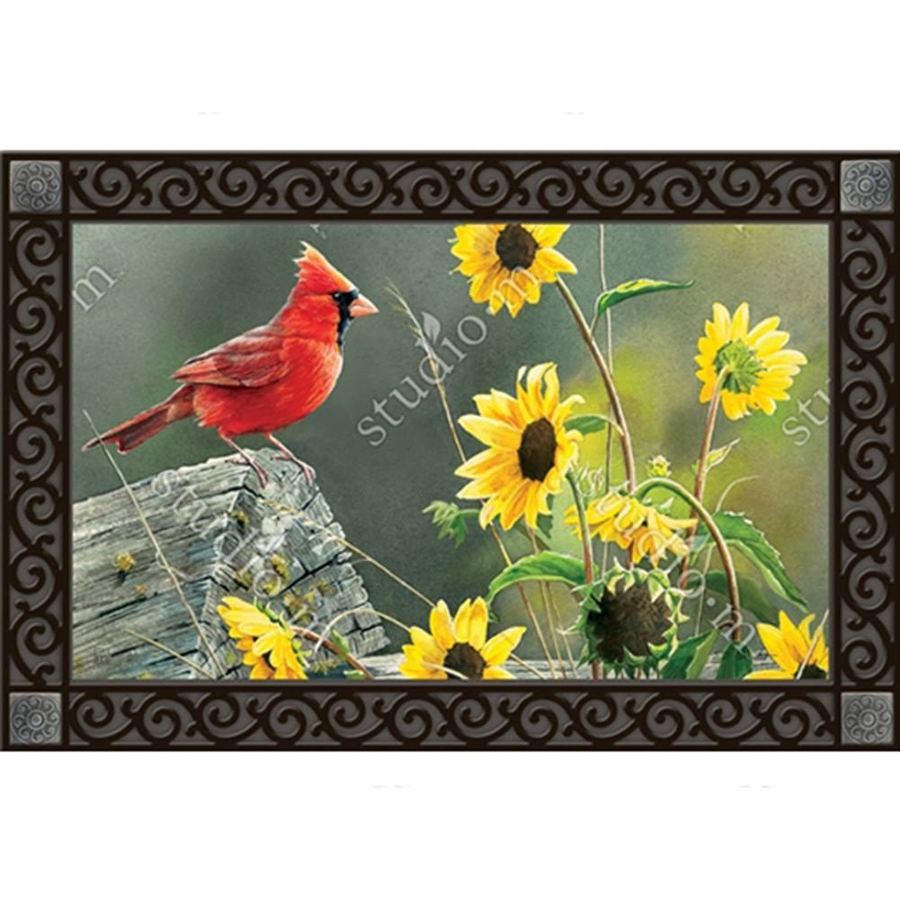 Studio M Cardinal View MatMate Doormat with male cardinal perched on wood among yellow flowers, decorative outdoor mat with recycled rubber backing