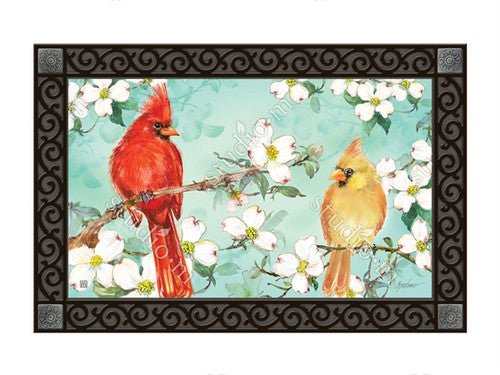 Studio M Cardinals in Spring MatMate Doormat with male and female Cardinals in a blooming tree, decorative outdoor mat.