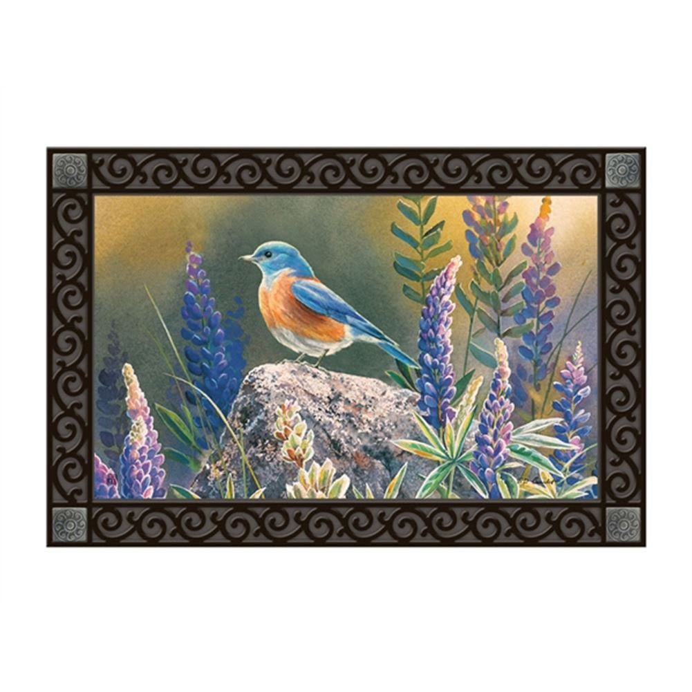 Studio M Flower Watching MatMate Doormat with bluebird and purple flowers on recycled rubber backing