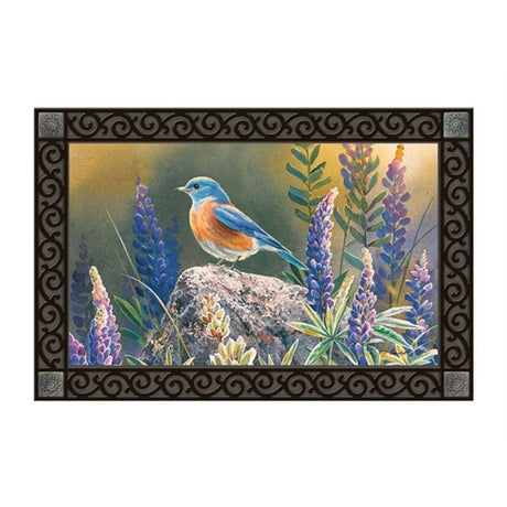 Studio M Flower Watching MatMate Doormat with bluebird and purple flowers on recycled rubber backing