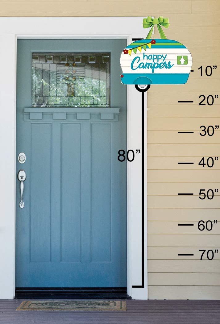 Studio M Happy Campers Door Decor DD0051 hanging on a blue door, featuring height markers for easy reference.