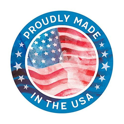Proudly made in the USA badge featuring an American flag design with stars and stripes.