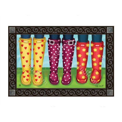 Studio M Happy Spring MatMate Doormat with colorful heart, polka dot, and flower patterned boots, perfect for spring decor.