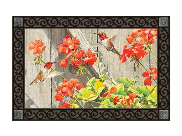 Studio M Hummingbirds with Geraniums MatMate Doormat featuring vibrant flowers and birds on recycled rubber backing