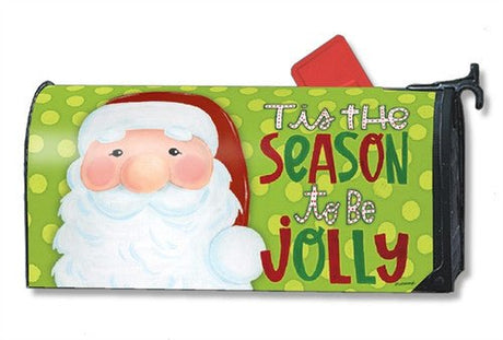 Studio M Jolly St. Nick MailWrap mailbox cover with Santa Claus and "Tis the Season to be Jolly" message on green polka dot background