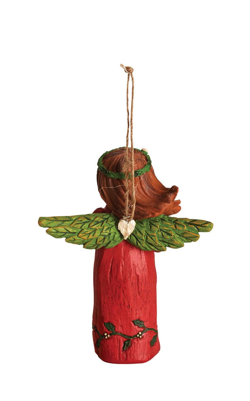 Studio M Life's Gifts Angel Ornament, hand-painted angel with green wings, designed to hang or stand, symbolizing gratitude.