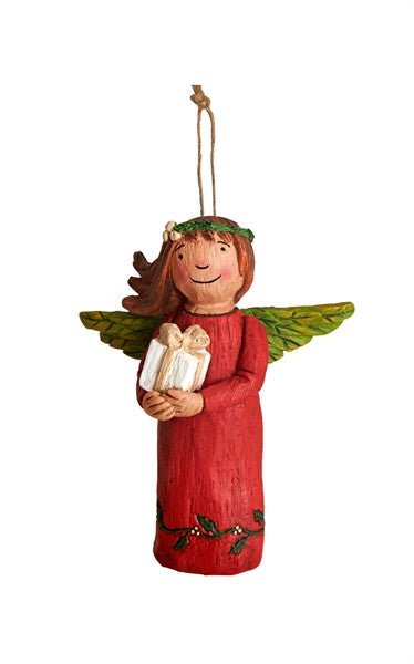 Studio M Life's Gifts Angel Ornament featuring a hand-painted angel with gifts, ideal for hanging or standing.