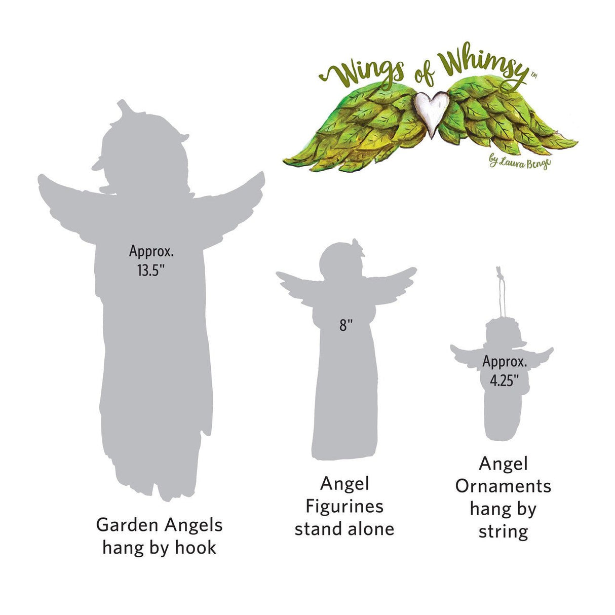 Wings of Whimsy angel ornament sizes and display options, featuring hanging and standing designs.