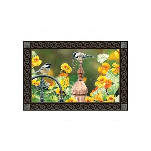 Studio M MatMate - Chickadee Fence Post Doormat featuring chickadees and vibrant flowers in a decorative design.