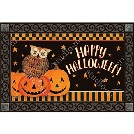 Halloween doormat with owl, jack-o-lanterns, and "Happy Halloween" text on black background with orange stars - Studio M Owloween Fun MatMate