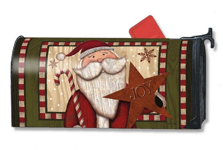 Studio M Santa with Star MailWrap Mailbox Cover featuring Santa holding a candy cane and a star with "Joy" text, and snowflakes in the background