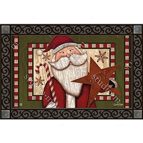 Studio M Santa with Stars MatMate Doormat showing Santa Claus with candy cane, red star reading "Joy," and snowflakes in rustic Christmas design.