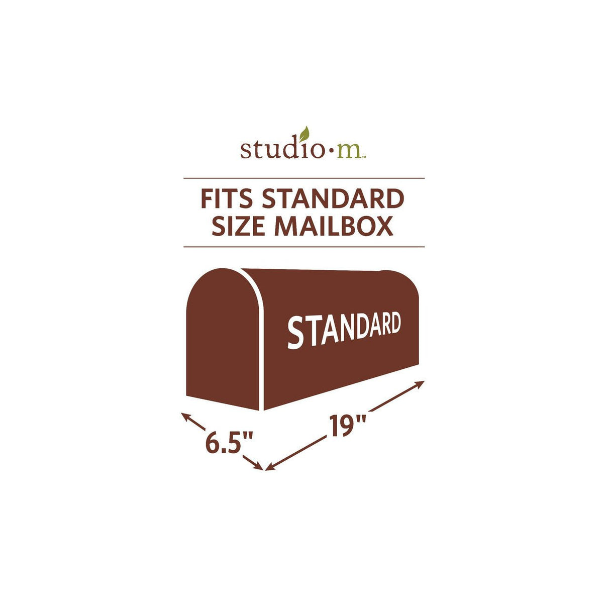 Diagram showing Studio M MailWrap fitting standard size mailbox 6.5" wide x 19" deep