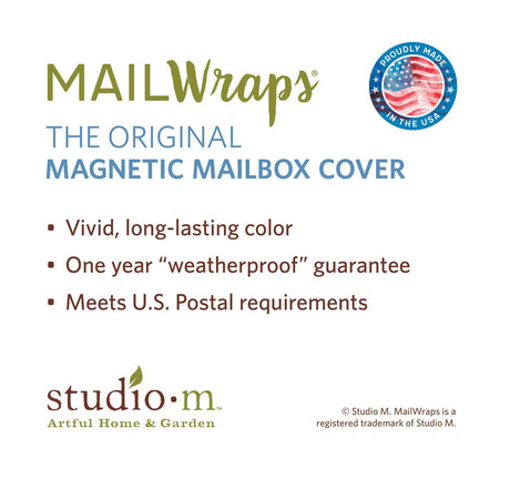 Studio M MailWraps magnetic mailbox cover features vivid colors, a one-year weatherproof guarantee, and meets U.S. Postal requirements.