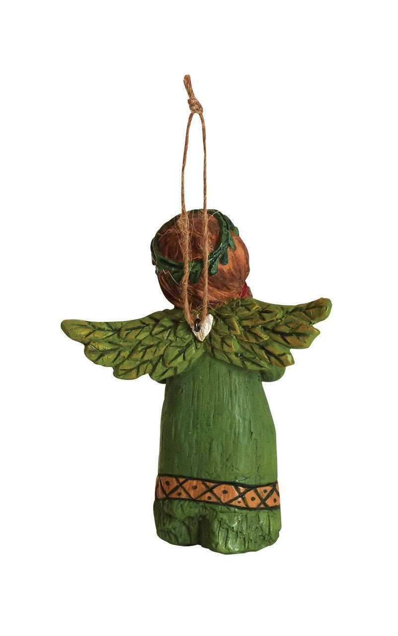 Studio M Warm Welcome Angel Ornament hand-painted resin with green dress and wings, designed by artist Laura Benge, hanging with string.