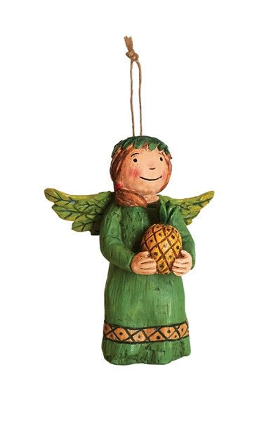 Studio M Warm Welcome Angel Ornament in green dress holding a pineapple, hand-painted resin figure designed by Laura Benge