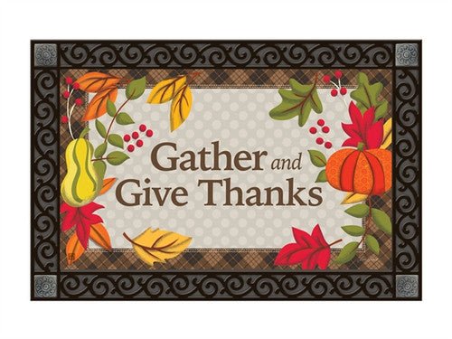 Studio M Whimsical Turkey MatMate Doormat - Gather and Give Thanks design with pumpkin and fall leaves