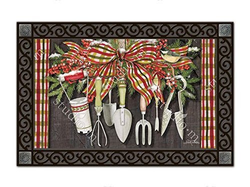 Studio M Winter Gardening MatMate Doormat with garden tools and festive wreath design