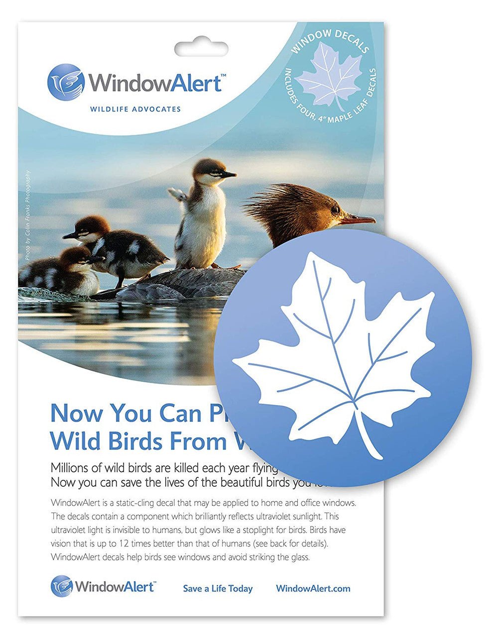 Window Alert Maple Leaf Decals packaging with bird illustration to protect wild birds from window collisions.