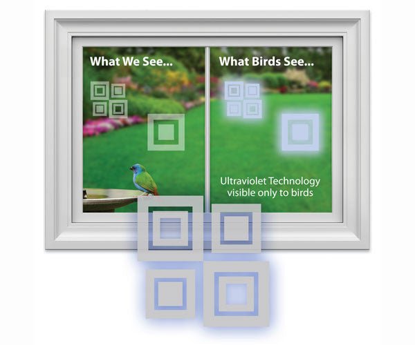 WindowAlert Modern Square Decals with ultraviolet technology to protect birds from striking windows, shown on a home window.