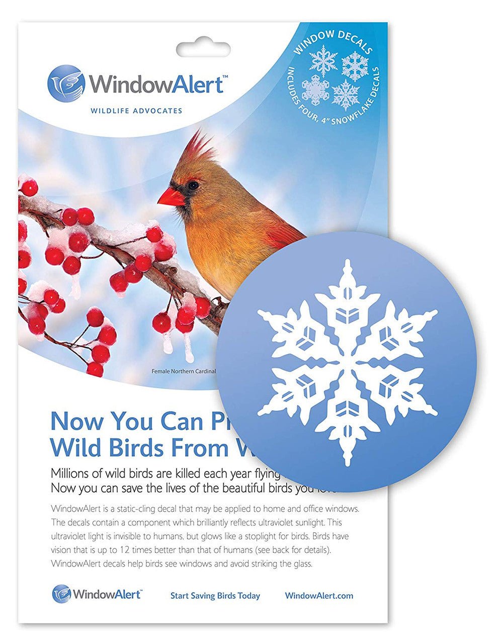 Window Alert 4 Snowflake Decals packaging with bird and snowflake design to protect wild birds from flying into windows