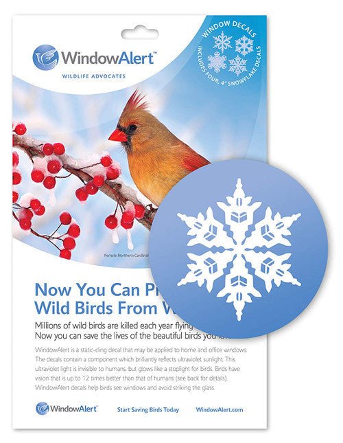 Window Alert 4 Snowflake Decals to Protect Wild Birds, shown in packaging with cardinal bird and snowflake design.