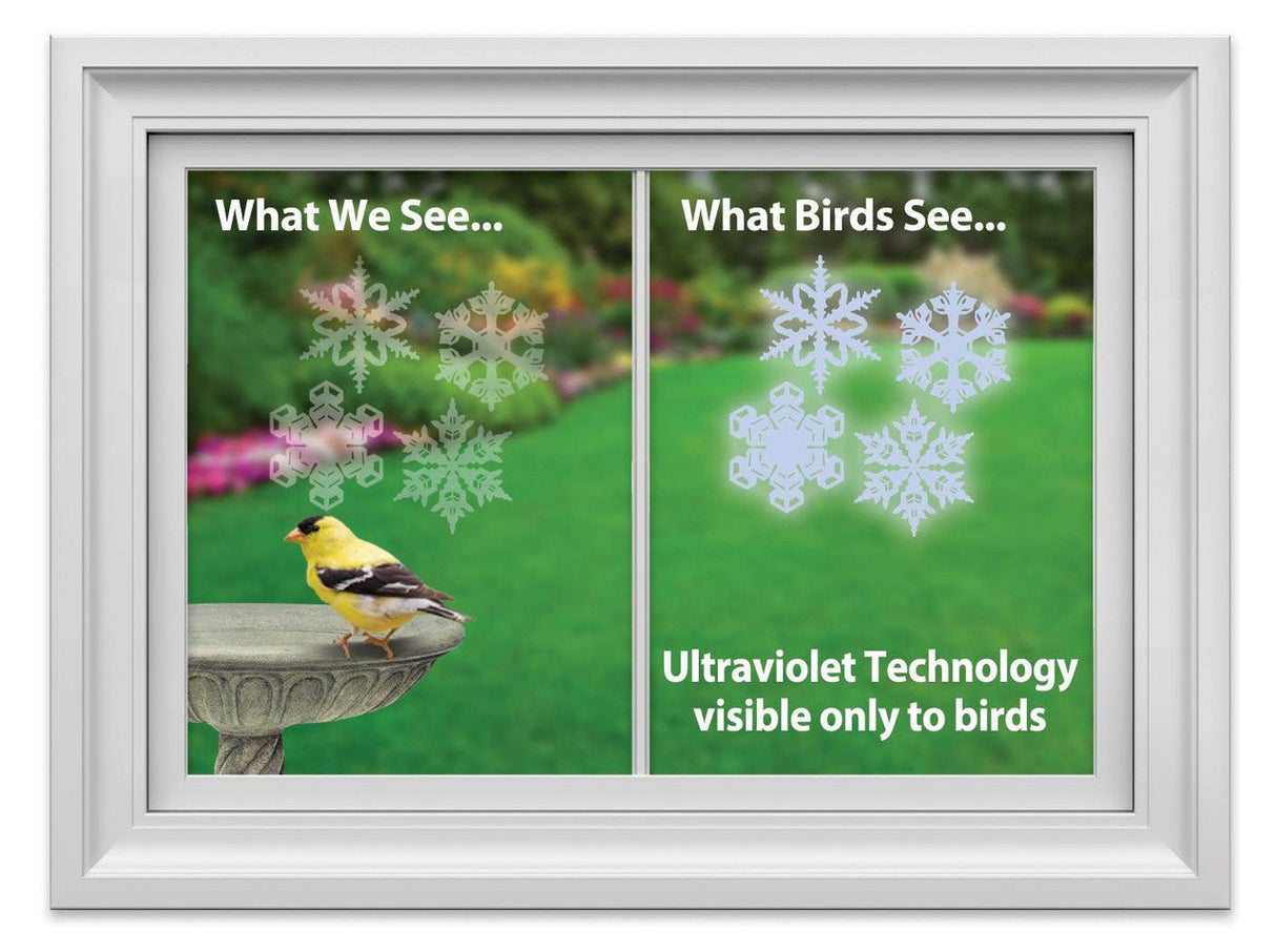 Comparison of window view showing how Window Alert 4 Snowflake Decals with ultraviolet technology are invisible to humans but visible to birds.