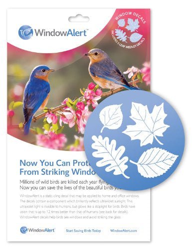 WindowAlert product image showing two vibrant bluebirds perched on a flowering branch with pink blossoms, featuring a circular decal of four white leaf silhouettes against a blue background, including oak and maple leaves.