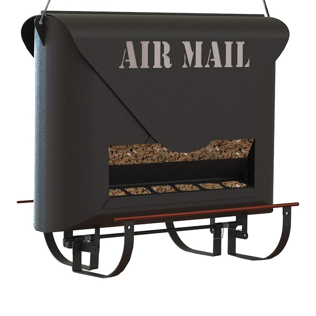 Woodlink Absolute Farmhouse Squirrel-Resistant Air Mail Feeder in black metal with envelope design and seed compartment.