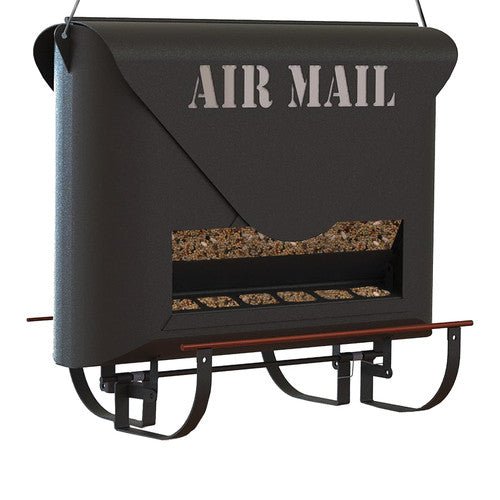 Woodlink Absolute Farmhouse Squirrel-Resistant Air Mail Feeder, black metal design resembling a mailbox, ready for bird feeding.