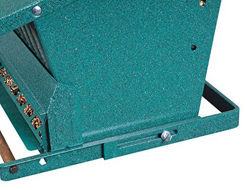 Close-up of the Woodlink Audubon Absolute II Squirrel Resistant Feeder showing adjustable perch and metal construction.