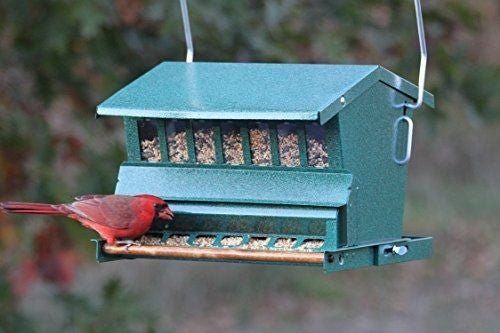 Cardinal on Woodlink Audubon Original Absolute II Squirrel Resistant Feeder filled with birdseed.