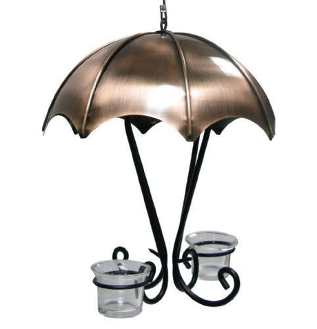 Metal umbrella shaped hanging candle holder with two clear glass candle cups and ornate black metal detailing