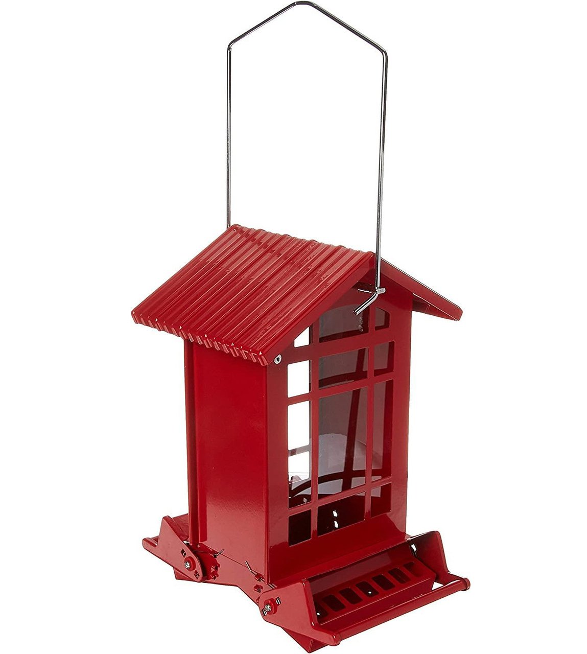 Woodlink Chateau Squirrel-Resistant Feeder in vibrant red, featuring a sturdy design and dual seed access.